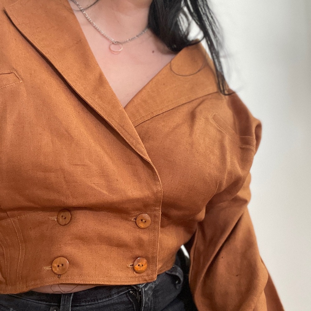Linen Double Breasted Cropped Structure Jacket
